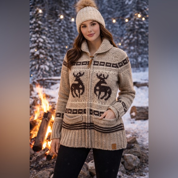 TNA Sweaters - TNA Brown Reindeer Zip-Up Sweater 🦌🤎